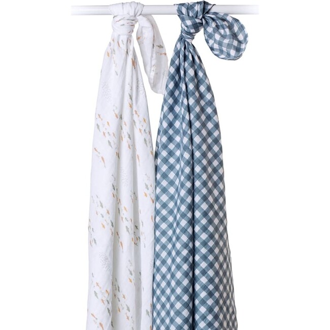 Cotton Muslin Swaddles, Fish/Navy Gingham (Pack of 2) - Swaddles - 4