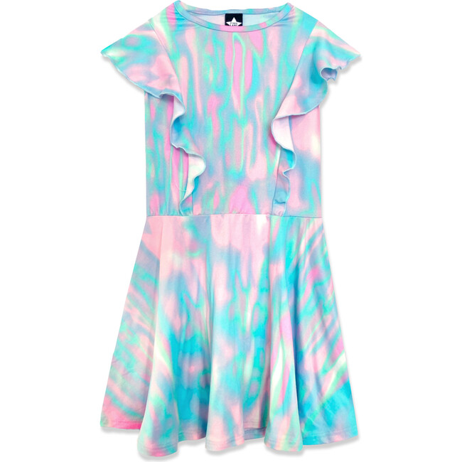 Ruffle Sleeve Skater Dress, Pink Blue Watercolor