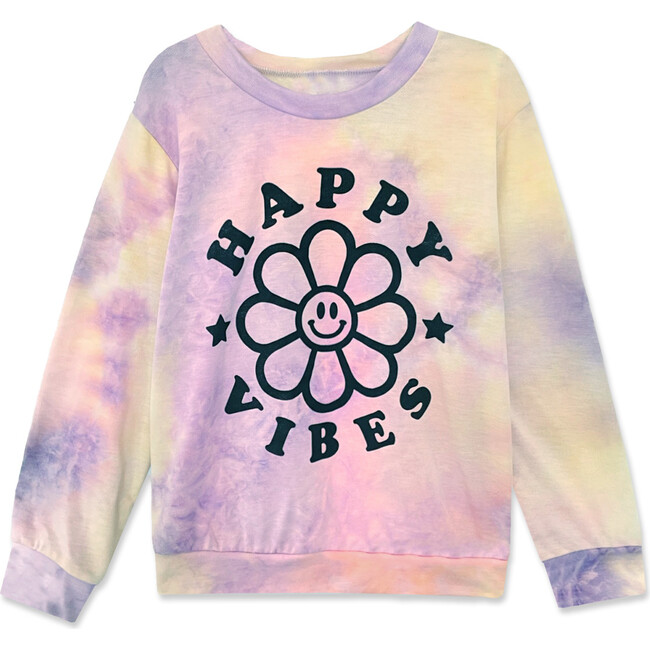 Long Sleeve Crew Sweatshirt, Spring Tie Dye Happy Vibes - Sweatshirts - 1