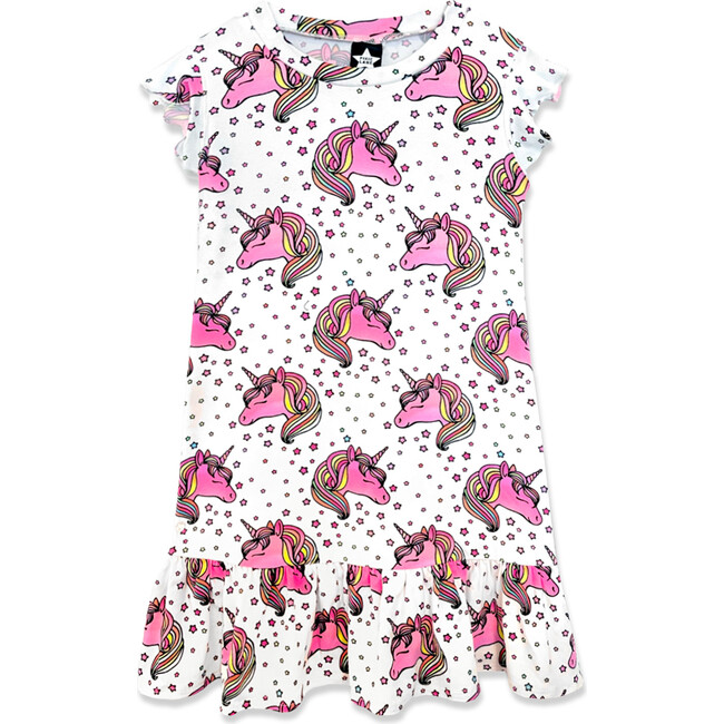 Flutter Sleeve Nightgown, White Pink Unicorn - Nightgowns - 1
