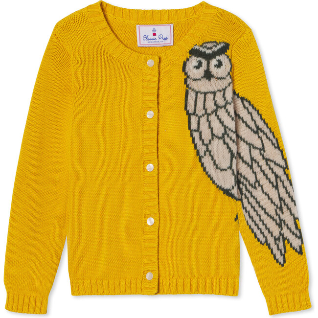 Elise Owl Intarsia Cardigan, Ceylon Yellow - Sweaters - 1
