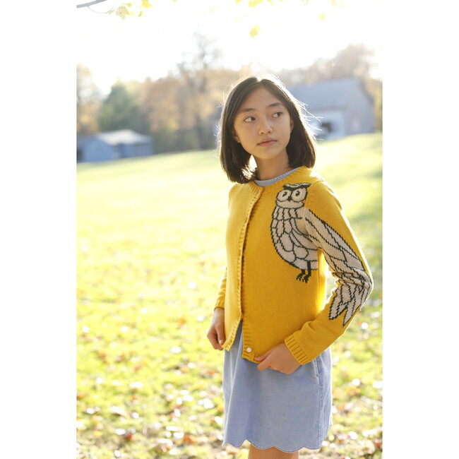 Elise Owl Intarsia Cardigan, Ceylon Yellow - Sweaters - 5