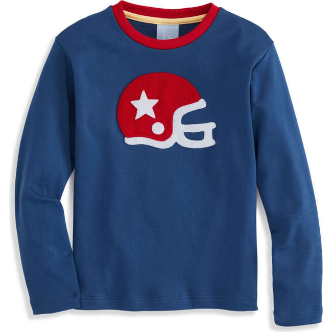 Solid Long Sleeve Applique Tee, Cadet Blue with Red