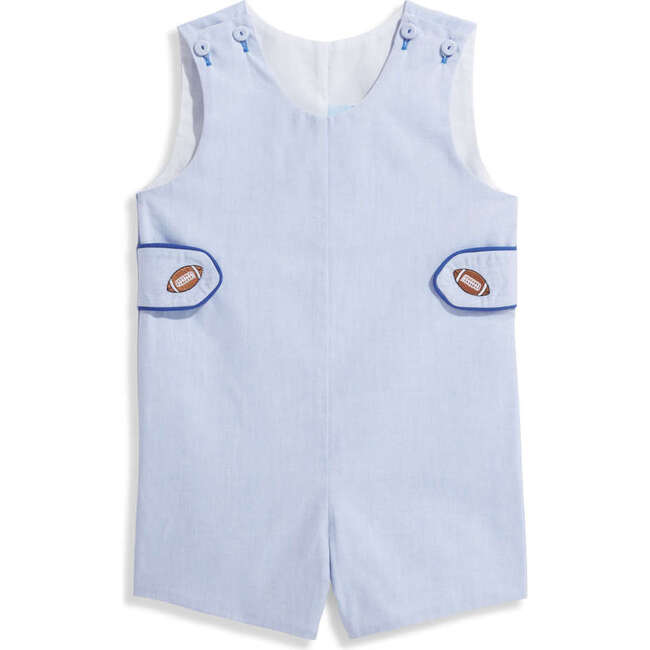 Embroidered Varsity Romper, Blue Chambray with Royal - Rompers - 1