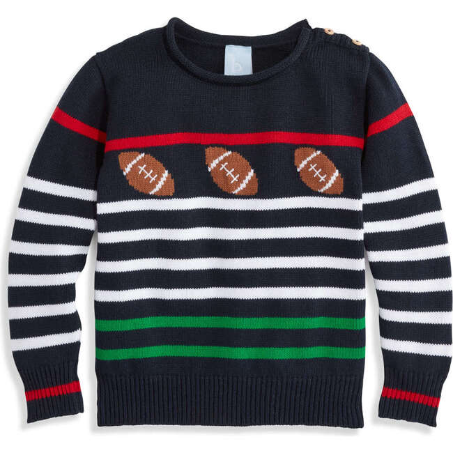 Intarsia Striped Football Pullover, Navy - Sweaters - 1