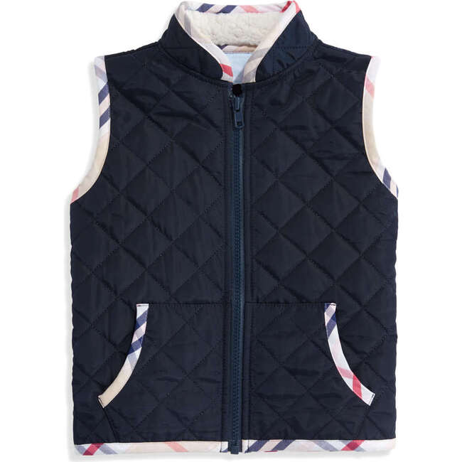 Printed Trim Puffer Vest, Navy with Bouden Plaid