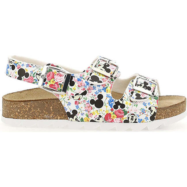 Floral Mickey Buckle Sandals, White
