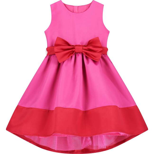 Florence Bow Satin Girls Party Dress, Pink & Red - Dresses - 1