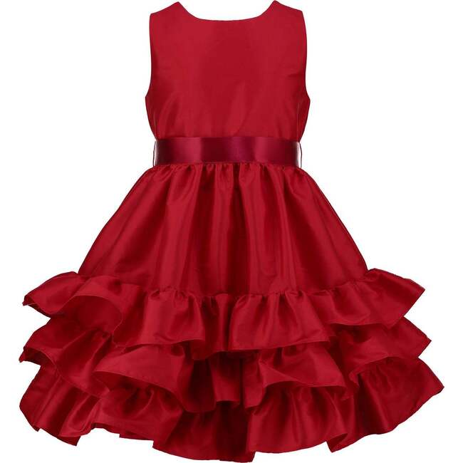 Arabella Frill Satin Girls Party Dress, Red - Dresses - 1