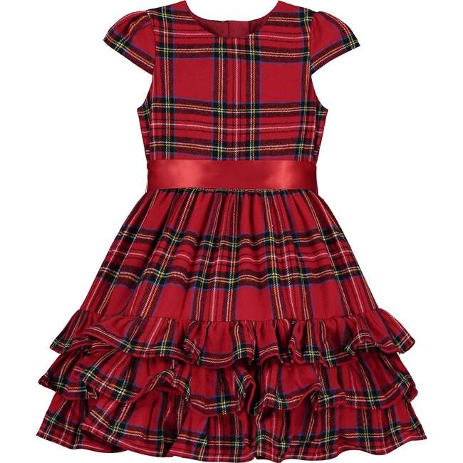 Arabella Frill Plaid Tartan Girls Party Dress, Red - Dresses - 1