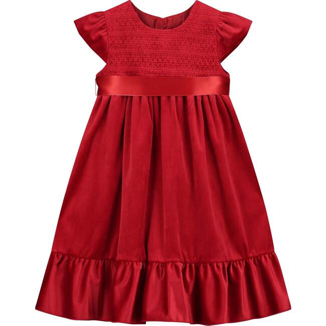 Poppy Smocked Velvet Baby Party Dress, Red - Dresses - 1