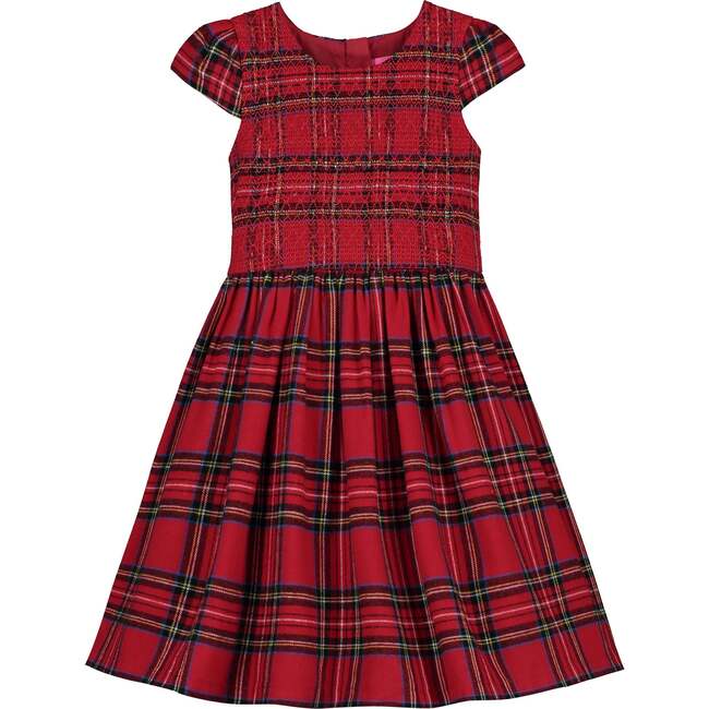 Bonnie Smocked Plaid Tartan Girls Party Dress, Red - Dresses - 1