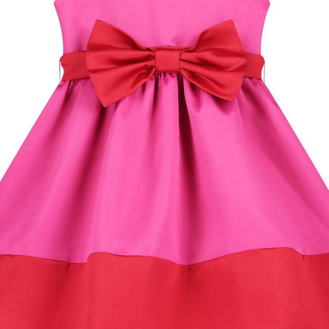 Florence Bow Satin Girls Party Dress, Pink & Red - Dresses - 4