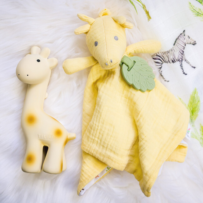 Giraffe Natural Rubber Teether, Rattle & Bath Toy & Giraffe Comforter with Leaf Teether (Both Organic) - Soft Dolls - 2