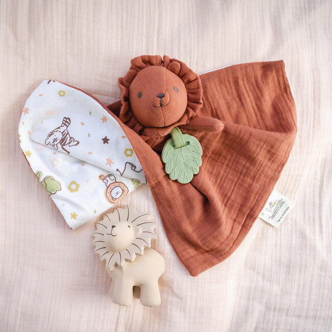 Lion Natural Rubber Teether, Rattle & Bath Toy & Lion Comforter with Leaf Teether (Both Organic) - Soft Dolls - 3
