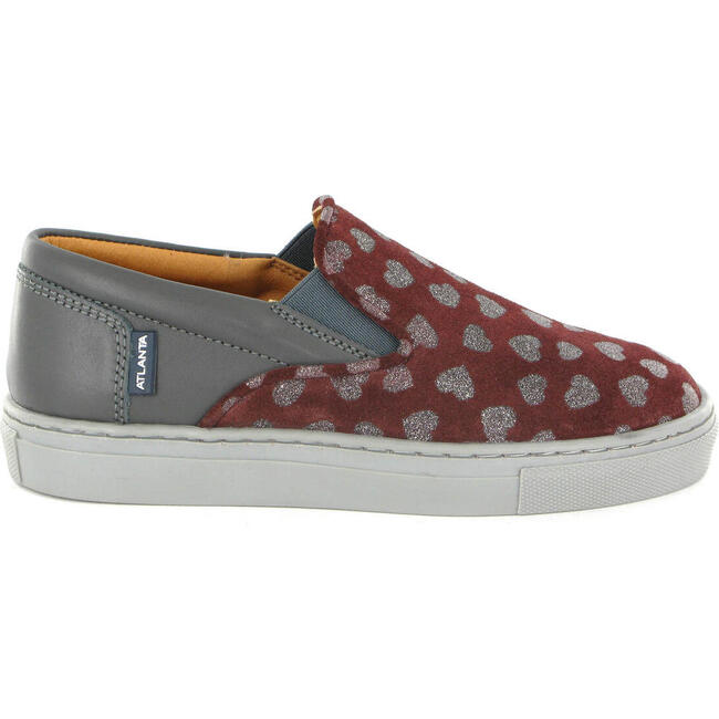 Leather Slip On Sneakers, Grey & Burgundy Hearts