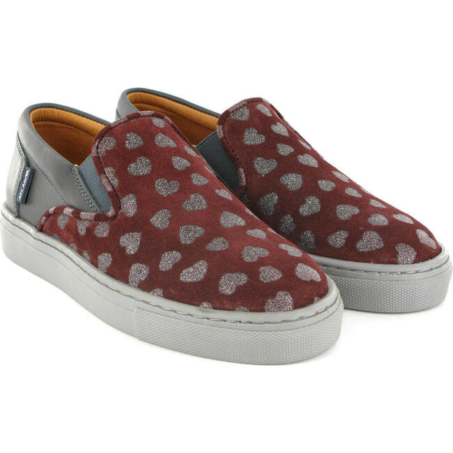 Leather Slip On Sneakers, Grey & Burgundy Hearts