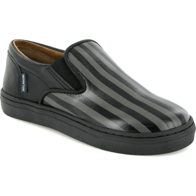 Leather Slip On Sneakers, Black & Grey Stripes