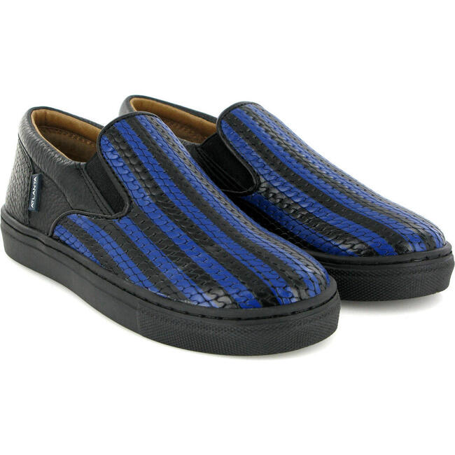 Leather Slip On Sneakers, Black & Blue - Sneakers - 3