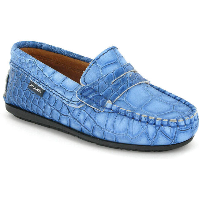 Croco Effect Leather Penny Moccasins, Blue