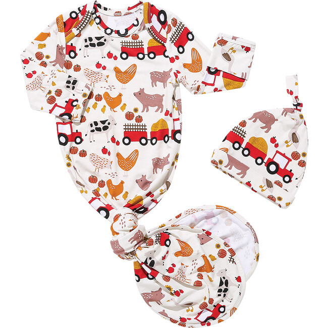 Farm Friends Bamboo Newborn Gown and Hat Gift Set, Multi