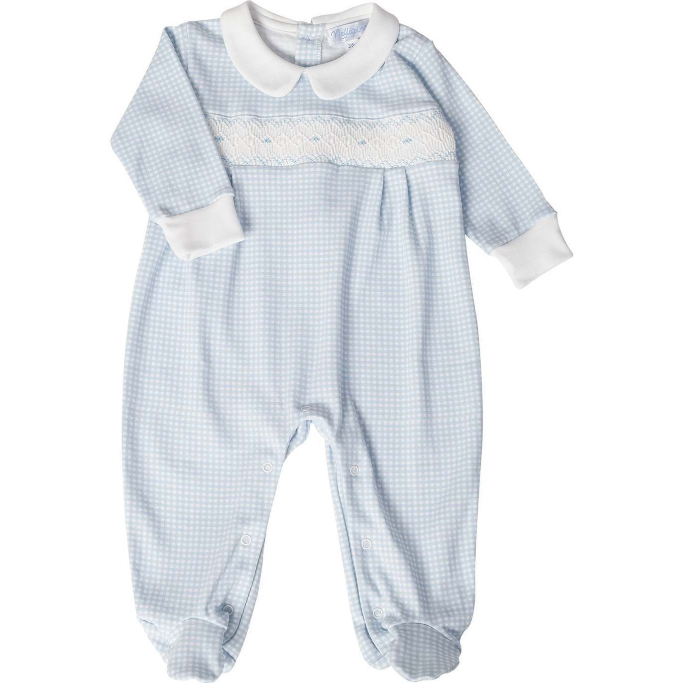 Gingham  Smocked Footie, Blue - Footie Pajamas - 1