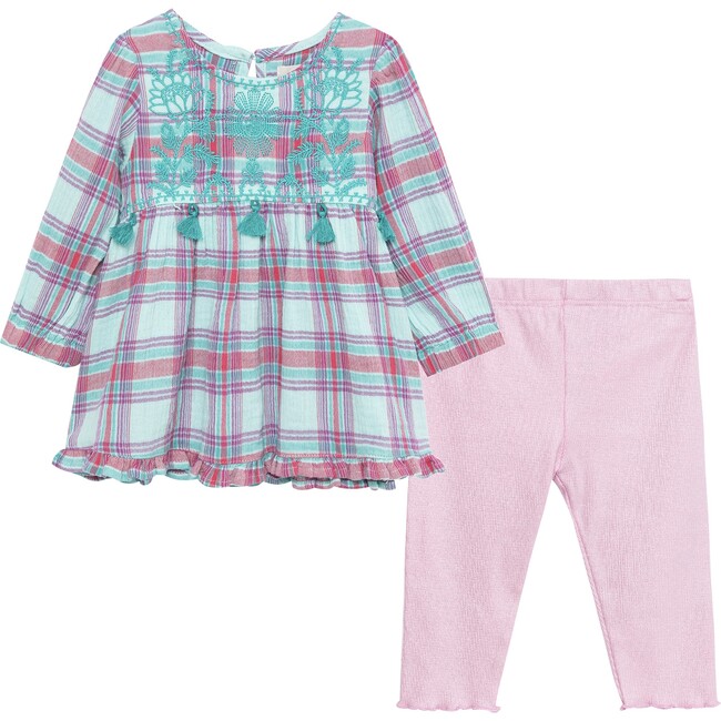 Embroidered Sunflowers Pant Set, Plaid - Mixed Apparel Set - 1