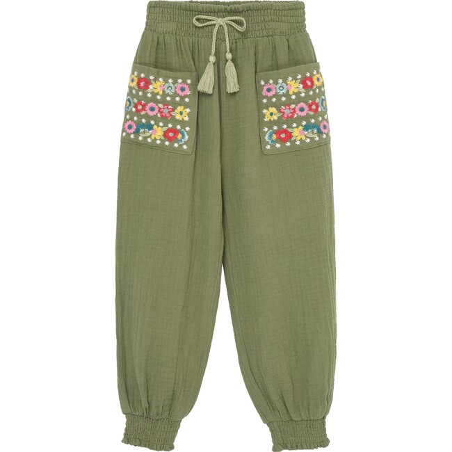 Embroidered Gauze Joggers, Olive - Pants - 1