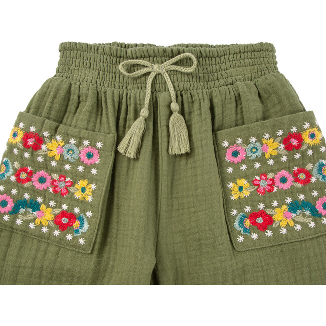 Embroidered Gauze Joggers, Olive - Pants - 3