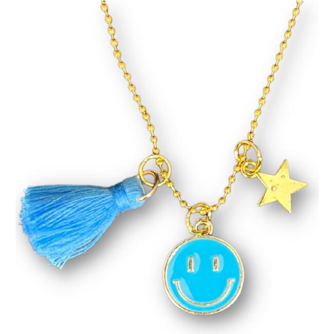 Smiley Pendant Necklace With Tassel And Charm, Blue