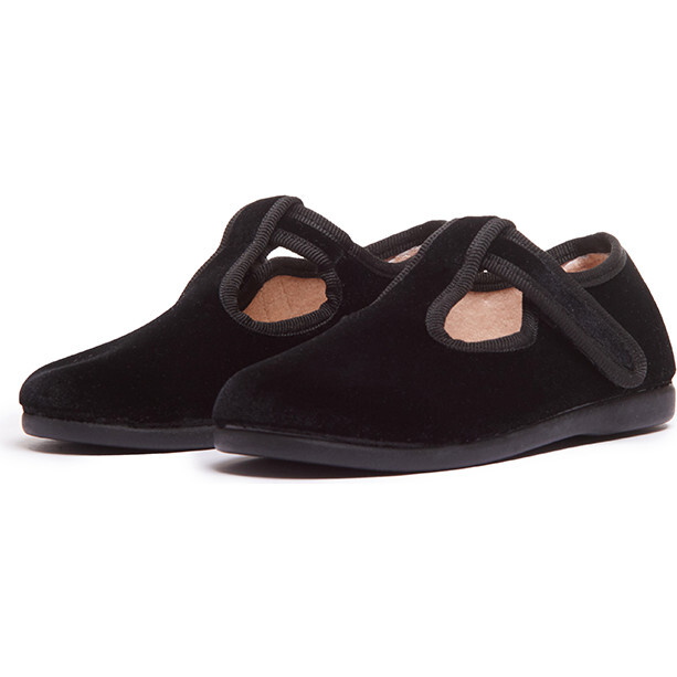 Velvet T-band Shoes, Black - Mary Janes - 3