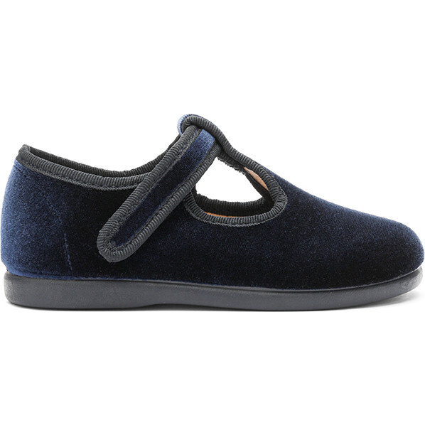Velvet T-band Shoes, Navy - Mary Janes - 1