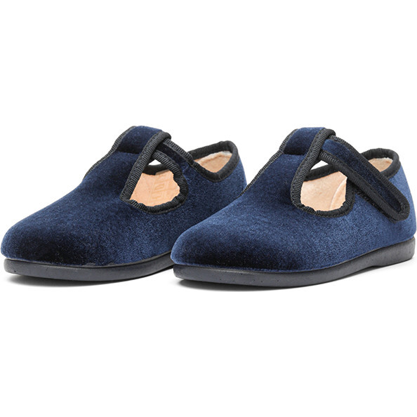 Velvet T-band Shoes, Navy - Mary Janes - 3