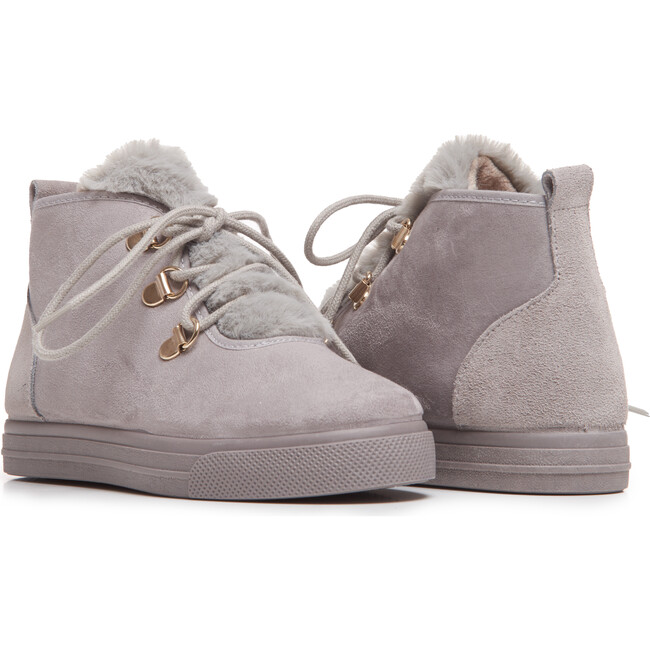 Faux-Fur Suede Lace-Up Sneaker Booties, Grey - Sneakers - 2