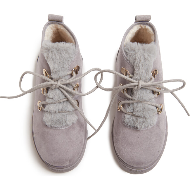 Faux-Fur Suede Lace-Up Sneaker Booties, Grey - Sneakers - 3
