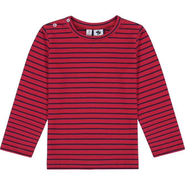 Henry Button Tee, Red Stripe Navy - T-Shirts - 1