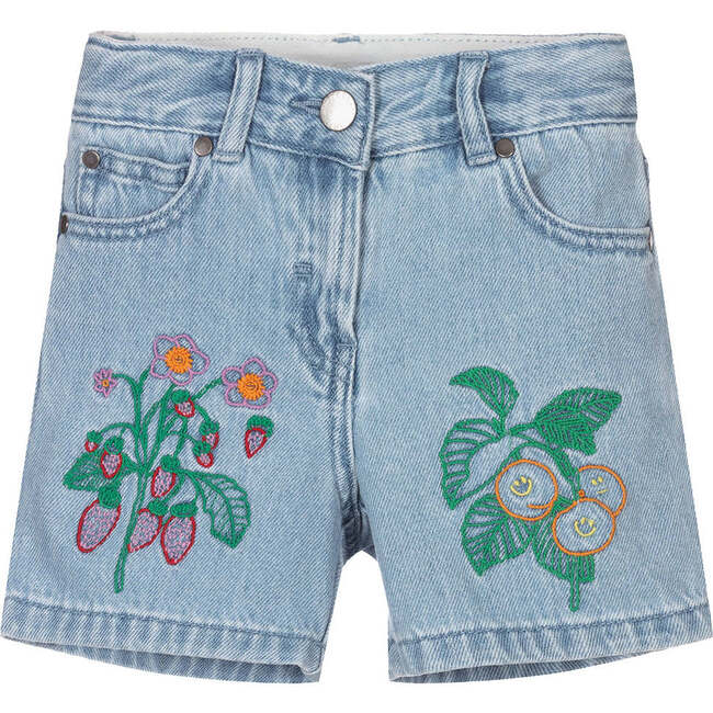 Floral Embroidered Denim Shorts, Blue