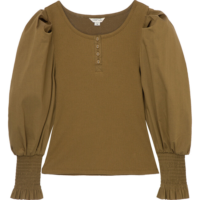 Puff Sleeve Henley Top, Olive - Blouses - 1