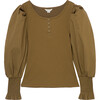 Puff Sleeve Henley Top, Olive - Blouses - 1 - thumbnail