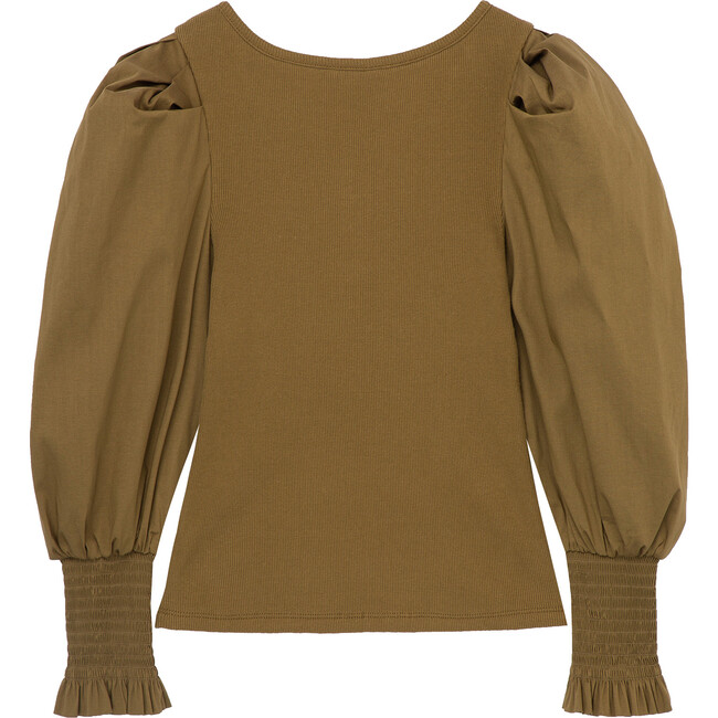 Puff Sleeve Henley Top, Olive - Blouses - 3