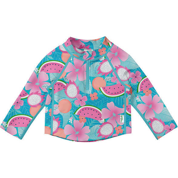 Long Sleeve Zip Rashguard Shirt, Aqua Tropical Fruit Floral