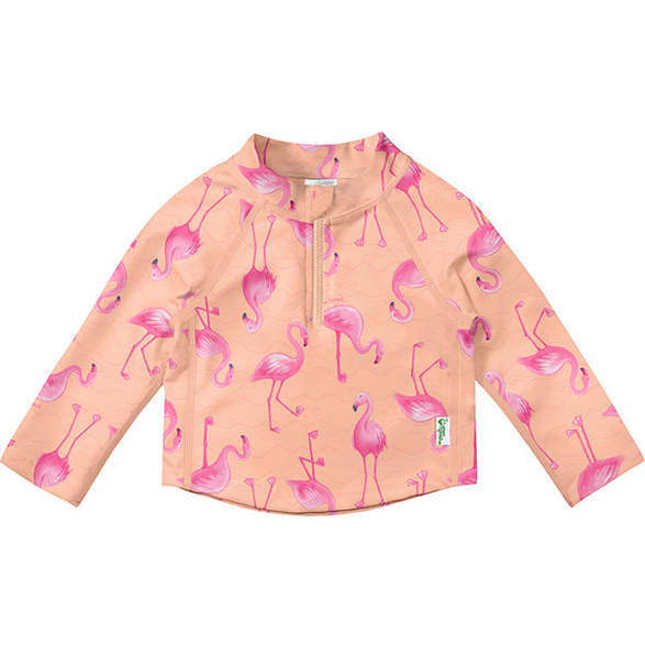 Long Sleeve Zip Rashguard Shirt, Coral Flamingos