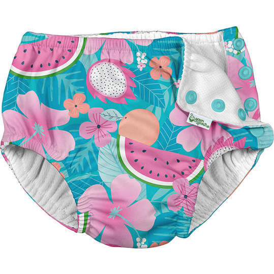 Snap Reusable Absorbent Swimsuit Diaper, Aqua Tropical Fruit Floral