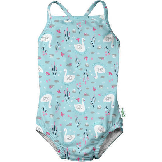 One-piece Swimsuit with Built-in Reusable Absorbent Swim Diaper, Light Aqua Swan - One Pieces - 1