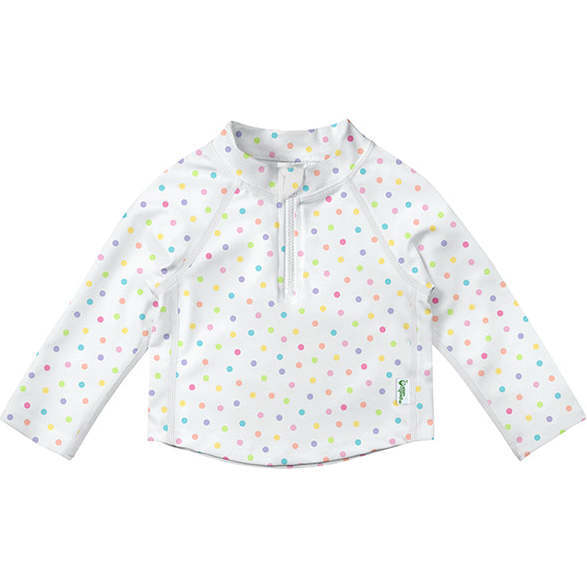 Long Sleeve Zip Rashguard Shirt, White Rainbow Dot