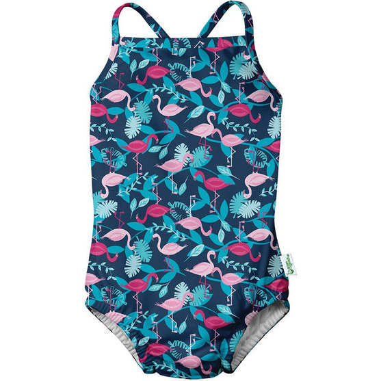 One-piece Swimsuit with Built-in Reusable Absorbent Swim Diaper, Navy Flamingos