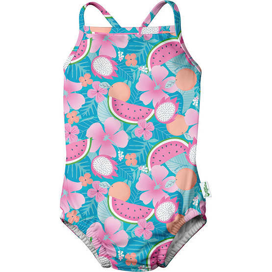 One-piece Swimsuit with Built-in Reusable Absorbent Swim Diaper, Aqua Tropical Fruit Floral