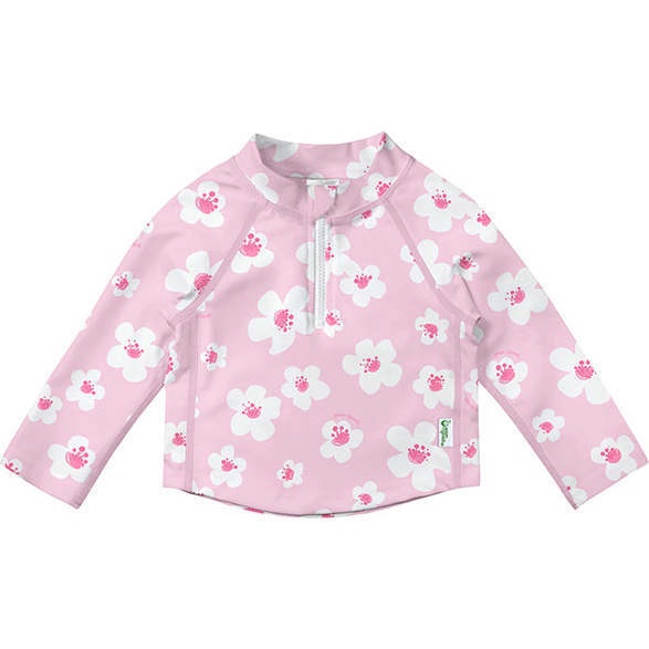Long Sleeve Zip Rashguard Shirt, Light Pink Large Blossoms