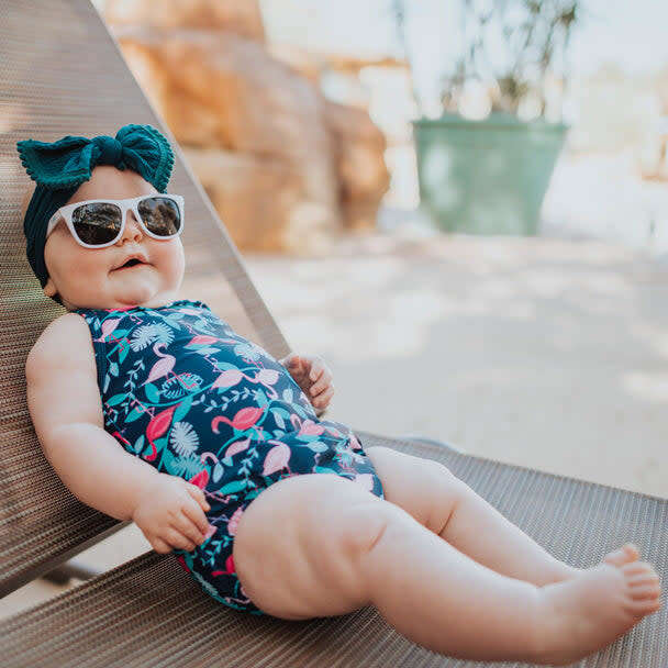 One-piece Swimsuit with Built-in Reusable Absorbent Swim Diaper, Navy Flamingos - One Pieces - 3