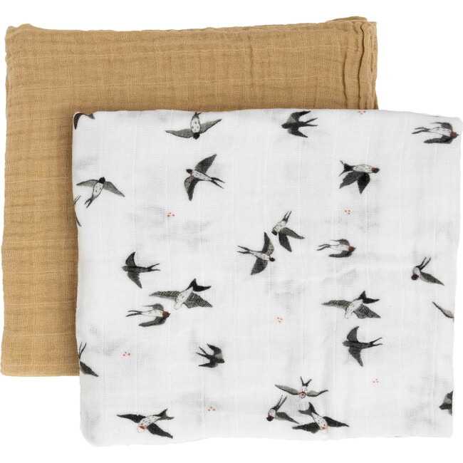 Organic Cotton Muslin Swaddle Blanket Set, Swallows
